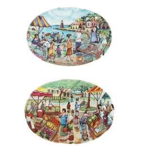 Brunelli Set of 2 Italian Market Scene  Oval Plates Made in Italy